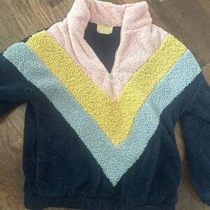Judith March Navy Blue Pink and Yellow Chevron Sherpa Quarter Zip Pullover